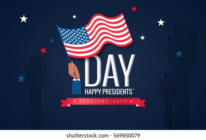 Happy Presidents` Day  flyer, banner or poster. Holiday background with waving flag in man`s hand. Vector flat illustration