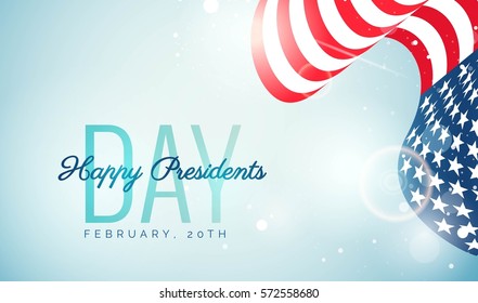 Happy Presidents` Day flyer, banner or poster. Holiday background with waving us flag. Vector illustration