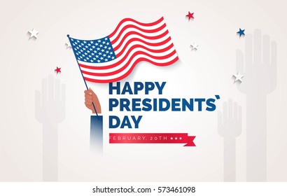 Happy Presidents` Day  flyer, banner or poster. Holiday background with waving flag in man`s hand. Vector flat illustration