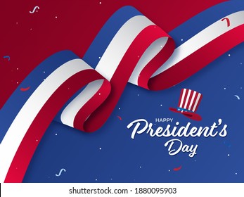 Feliz Día del Presidente con Tío Sam Hat, Cinta Americana Ondulada En Fondo Rojo Y Azul.