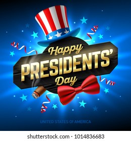 Happy Presidents' Day greeting card design with collage of USA flag party hat, smoldering cigar, red bow tie and Happy Presidents Day phrase on black wooden board, vector illustration