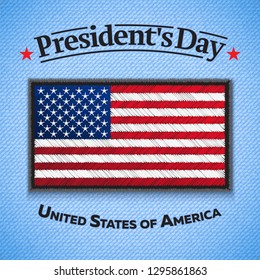 Happy Presidents Day greeting card. USA Flag on jeans fabric. Vector illustration.
