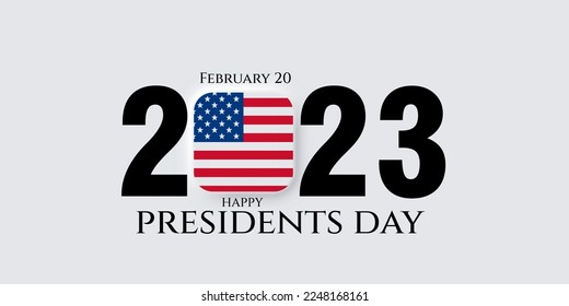 Happy Presidents Day greeting card, sale flyer, banner, poster with american flag 2023 number.  Presidents day holiday in USA.  Patriotic calligraphy on white background. Vector illustration