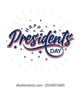 Happy Presidents Day hand drawn lettering greeting card, poster, banner, template design. Presidents Day text with decorative stars on white background. American national holiday celebrate on February