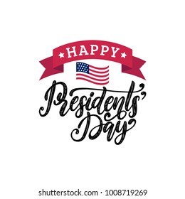 Happy Presidents' Day handwritten phrase in vector. National american holiday illustration with USA flag on white background. Festive poster, greeting card etc.