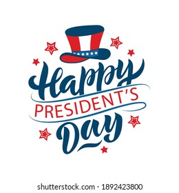 Happy President's day handwritten text isolated on white background. Poster design with uncle Sam hat. Modern brush ink calligraphy, hand lettering. Vector circle-shaped Illustration in red and blue