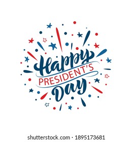 Happy President's day handwritten text isolated on white background with salute splashes, stars, confetti. Modern brush ink calligraphy, hand lettering. Vector circle-shaped Illustration, doodle style