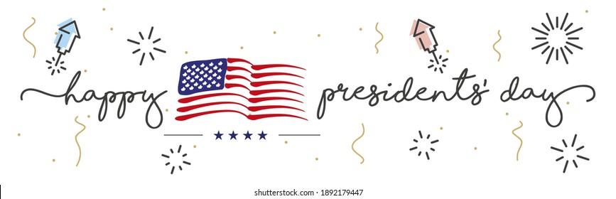 Happy Presidents' Day handwritten typography text USA abstract wavy flag firework ribbon and confetti white background banner