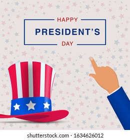 Happy Presidents Day with hat and pointing hand. Vector illustration background for President's day in USA. Design for greeting card, sale banner, wallpaper, poster, invitation