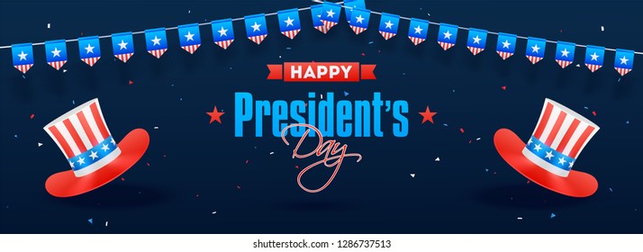 Happy President's Day header or banner design with illustration of uncle sam hats on blue background.