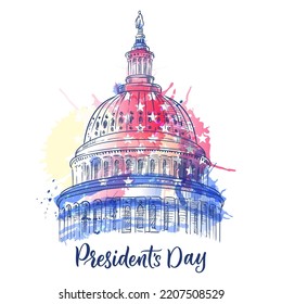 Happy Presidents Day holiday print, poster or banner design with hand drawn calligraphy lettering. Washington State Capitol on watercolor USA flag background. Vector sketch illustration