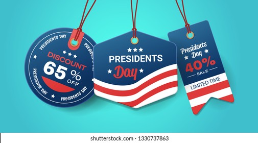 Happy Presidents Day Holiday Sale Concept American Flag Colors Price Paper Label Tags Set With Text Special Offer Discount Flat Horizontal Blue Background