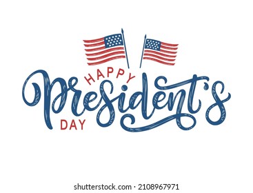 Happy President's Day lettering decorated by american flags. Presidents day typography as poster, banner, card, postcard, invitation or promo sign.