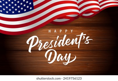 Happy President's day lettering with flag USA on wooden boards. Holiday US presidents, creative concept for poster or banner. Vector illustration