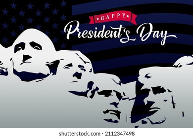 Happy President's Day lettering with mount Rushmore. 4 US presidents monument background design for banner, poster, greeting card. Vector illustration