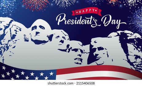 Feliz Día del Presidente con letras de Mount Rushmore y fuegos artificiales. Diseño tipográfico del Día del Presidente para afiches o tarjetas de felicitación. Ilustración del vector