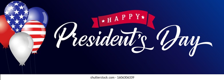 Happy Presidents Day lettering poster, USA balloons and flags. Happy President`s Day 17th february for web banner or special offer vector illustration