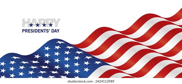 Happy Presidents' Day long wavy abstract flag banner. Greeting card for USA holidays on white background