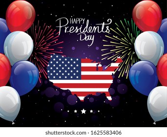 happy presidents day with map usa and balloons helium vector illustration design
