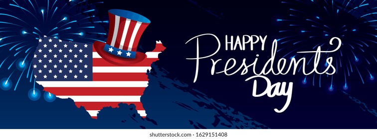 happy presidents day with map usa and top hat vector illustration design