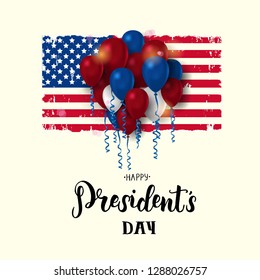 Happy Presidents day. National american holiday illustration with american flag and ballon. Hand made lettering phrase. Greeting Background for holidays, postcards, websites