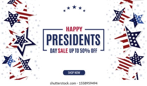 Happy Presidents Day. Nice patriotic template for sale promotion and advertising card, flyer, poster, banner. American themed falling stars background and framed sale text.