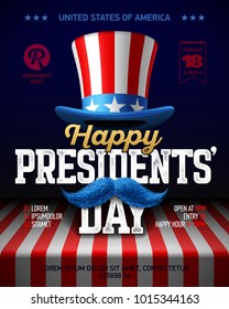 Happy Presidents' Day party poster design with collage of USA flag party hat, moustache and vintage Happy Presidents Day phrase on the flag of USA lying on the table, vector illustration