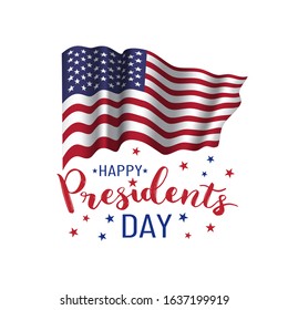 Happy Presidents day Poster with american flag and lettering. Vector americans holiday illustration. Sale banner illustration.