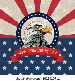 happy presidents day poster with eagle and usa flag vector illustration design