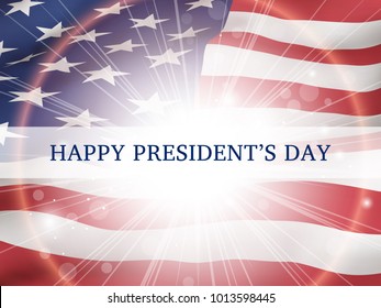 Happy president's day - poster with the flying flag of the USA  with glow. . Patriotic background with USA symbols
