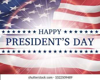 Happy president's day - poster with the flying  flag of the USA  with glow. Patriotic background with USA symbols
