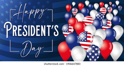 Happy Presidents Day poster with flying in the sky balloons on flag background. Vector illustration with hand drawn text lettering for Presidents day in USA. Design for greetings card or sale banner