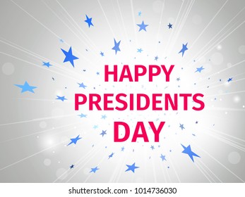 Happy Presidents Day poster with glow and rays on a white background with flying stars
