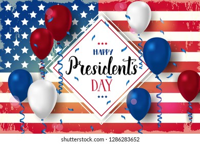 Happy Presidents day poster. National american holiday illustration with american flag serpentine and ballon. Hand made lettering. Greeting Background for holidays, postcards, websites