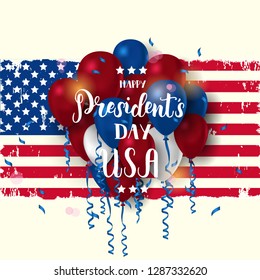 Happy Presidents day poster. National american holiday illustration with american flag, serpentine and ballon. Hand made lettering phrase. Greeting Background for holidays, postcards, websites