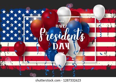 Happy Presidents day poster. National american holiday illustration with american flag, frame, serpentine and ballon. Hand made lettering. Greeting Background for holidays, postcards, websites