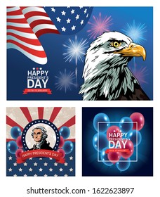 happy presidents day poster with set scenes vector illustration design