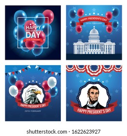 happy presidents day poster with set scenes vector illustration design