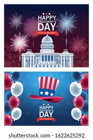 happy presidents day poster with set scenes vector illustration design