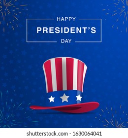 Happy Presidents Day poster. Uncle Sam's hat. Usa or American hat symbol with stars on blue background with stars. Vector illustration background text lettering for President's day in USA