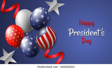 Happy president's day with realistic balloon, star and ribbon in dark background. Vector illustration for President day in USA. design for print greetings card, sale banner, poster.