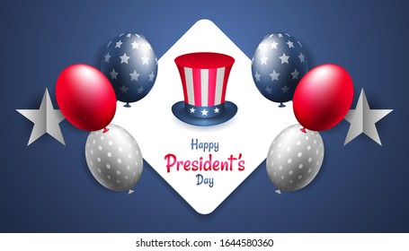 Happy president's day with realistic uncle sam hat and balloon in dark background. Vector illustration for President day in USA. design for print greetings card, sale banner, poster.