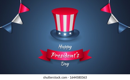 Happy president's day with realistic uncle sam hat and party flag in dark background. Vector illustration for President day in USA. design for print greetings card, sale banner, poster.