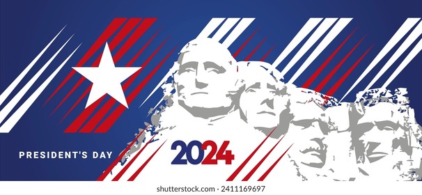 Feliz Día de los Presidentes Rushmore Banner de fondo de color del paisaje de los Estados Unidos. Elecciones presidenciales de Estados Unidos 2024. Estrella de EE.UU. con colores y símbolos de la bandera estadounidense