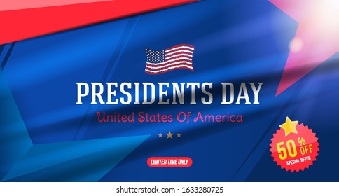 Happy Presidents day. Sale 50% special offer with typography inscription for banners, greeting cards, gifts etc. Flat vector illustration EPS10