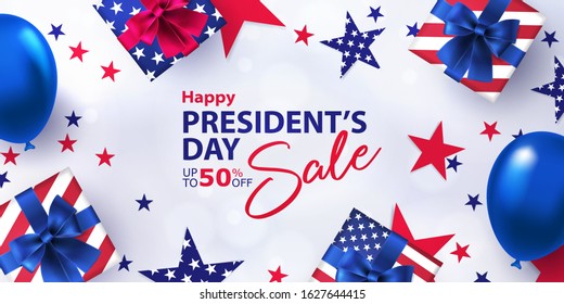 Happy Presidents Day Sale banner. USA Presidents Day holiday background with bright helium balloons, gift boxes, confetti stars. Design for sale, discount, advertisement, web. Place for text
