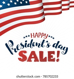 Happy Presidents Day Sale text  with american flag isolated on white background. Hand drawn calligraphy. USA President day lettering with decorative ribbon.