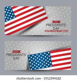 Happy Presidents day. A set of banners or cards with round corners. USA national symbolic background with the flag. American public holiday. Realistic vector illustration.