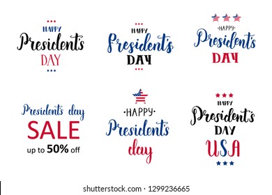 Happy Presidents day set. National american holiday illustration. Hand made lettering quote-"Happy President's Day, President's Day Sale". For holidays, postcards, websites