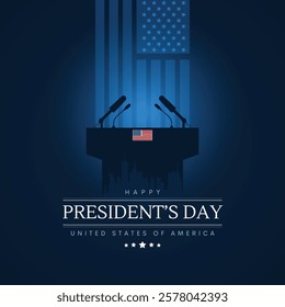 Happy President's Day Social Media Post. Presidents Day of USA Banner and Greeting Card with USA Flag, Speech Podium and Text Vector Illustration.